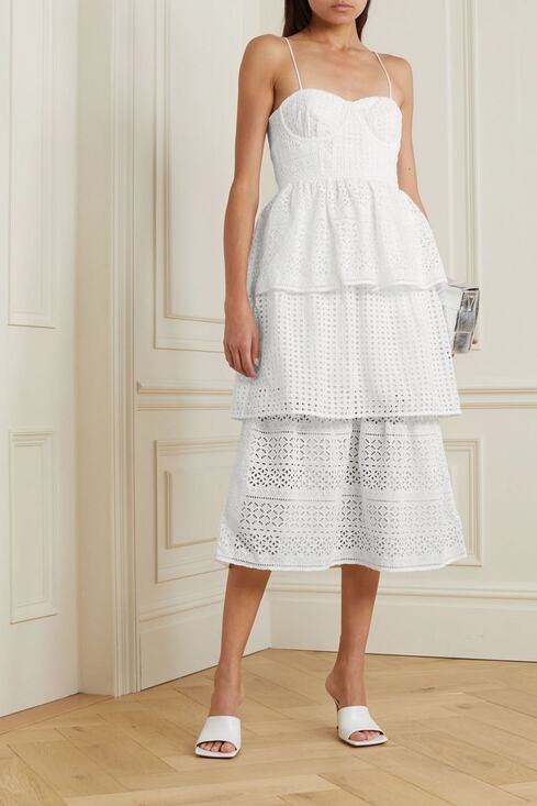 Self-Portrait Dresses & Skirts - Self-Portrait White Bridal Broderie Anglaise Cotton Voile Tiered Midi Dress 6